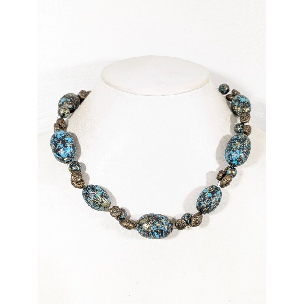 Bronze Tone Green Patina Faux Stone Statement Necklace‎ 20" Tribal Boho